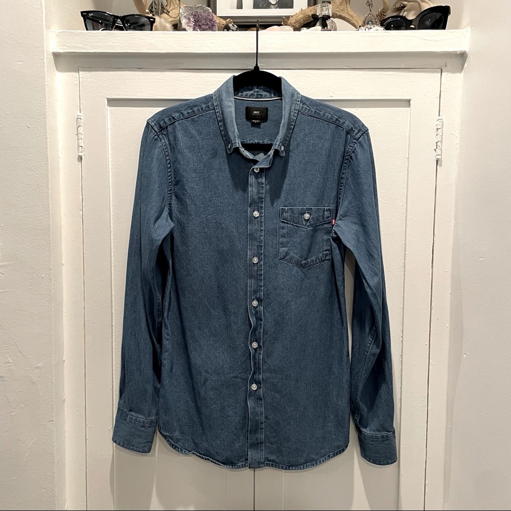 OBEY light blue denim button up shirt NWOT